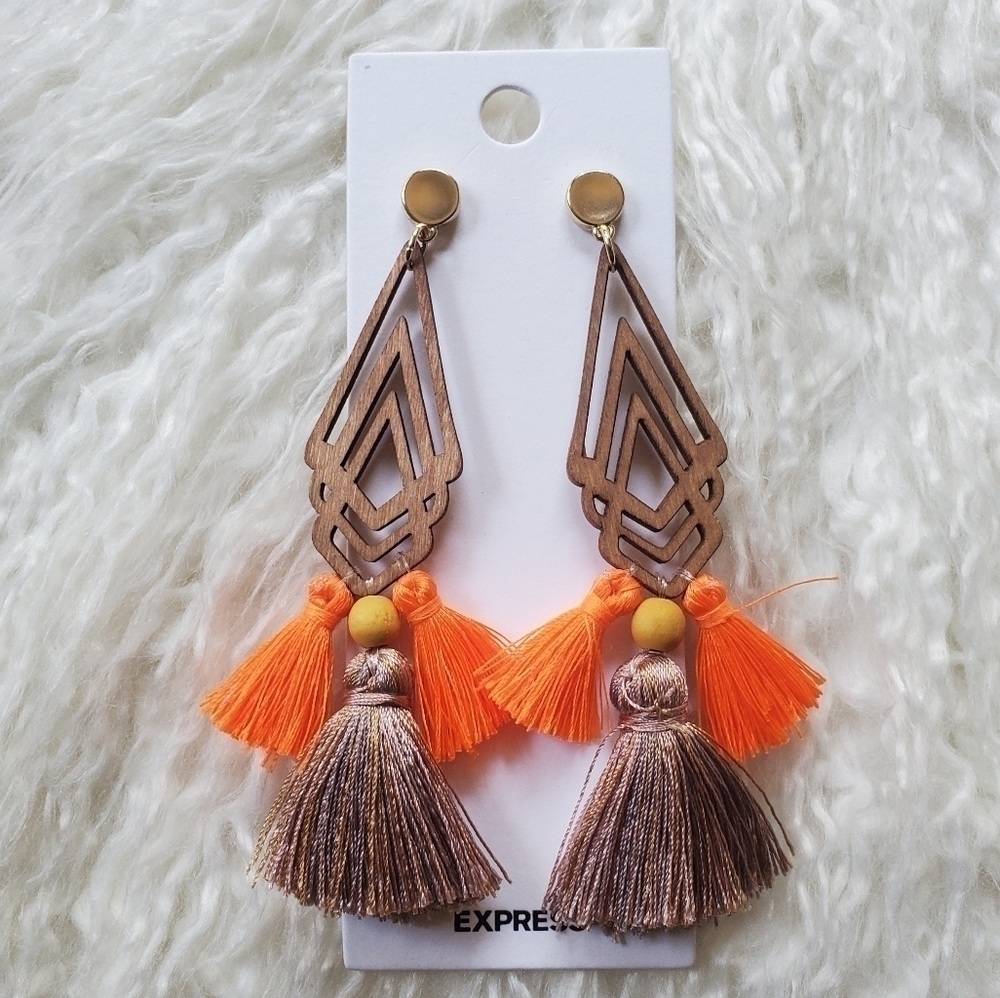 Express statement earings with orange and golden color tassels